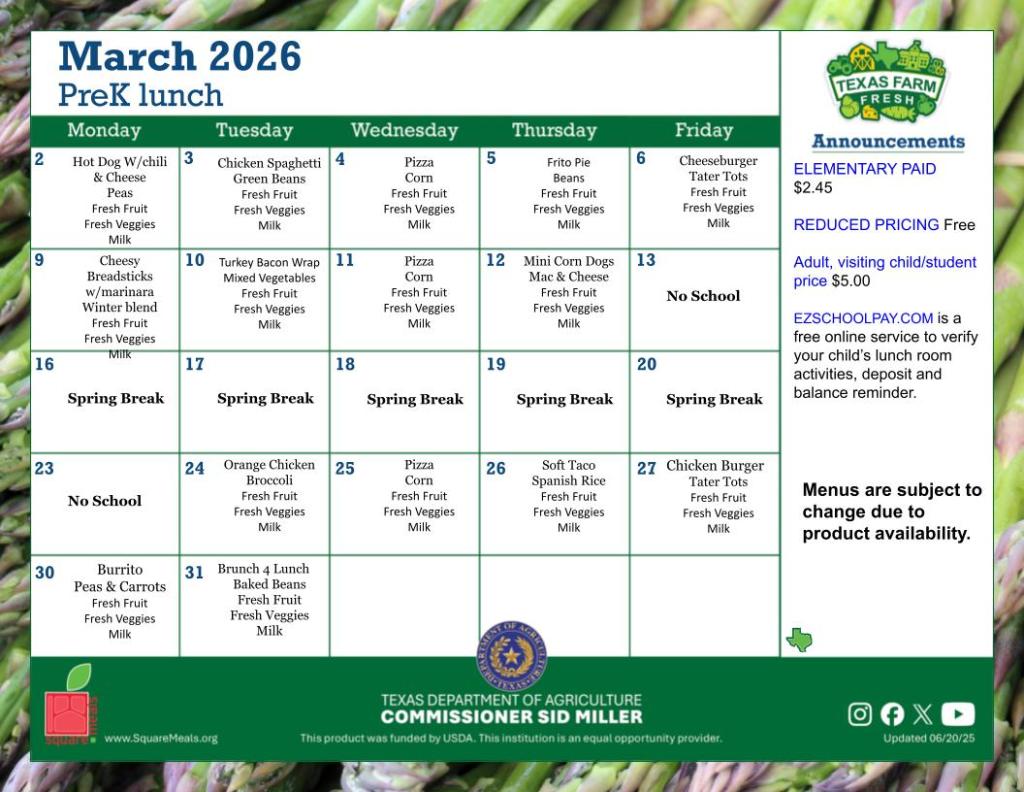 Elem PK lunch menu